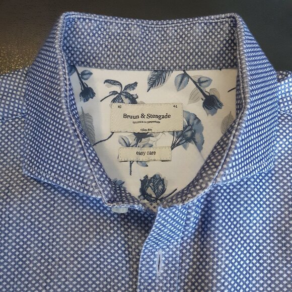 ⚡️BUY 3 for $55⚡️ Bruun & Stengade SZ 16 Slim Fit Blue & White Men's Shirt - Picture 2 of 13